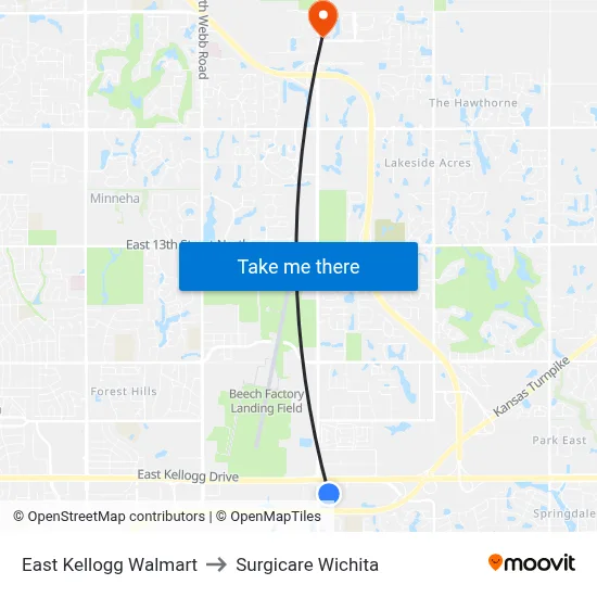 East Kellogg Walmart to Surgicare Wichita map