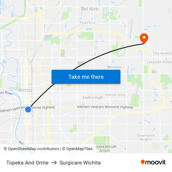 Topeka And Orme to Surgicare Wichita map