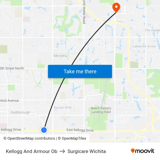Kellogg And Armour Ob to Surgicare Wichita map