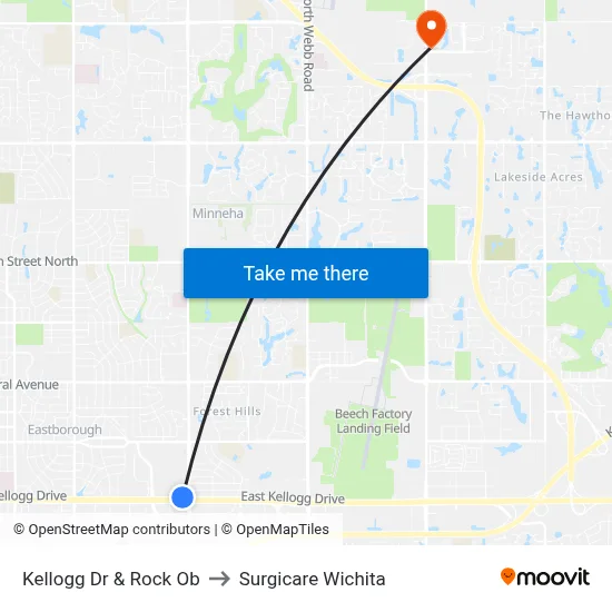 Kellogg Dr & Rock Ob to Surgicare Wichita map
