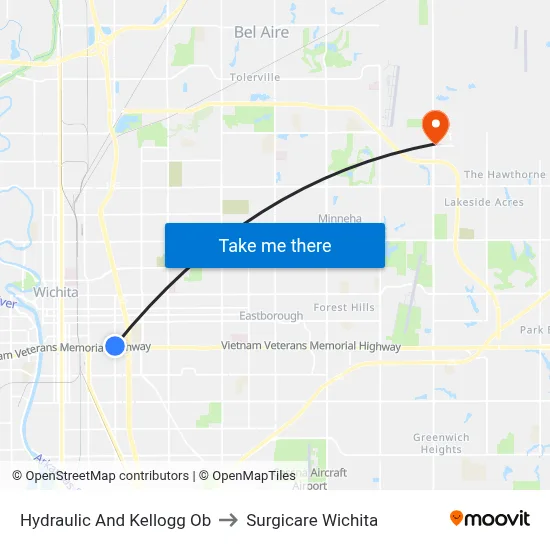 Hydraulic And Kellogg Ob to Surgicare Wichita map