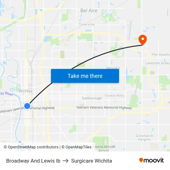 Broadway And Lewis Ib to Surgicare Wichita map