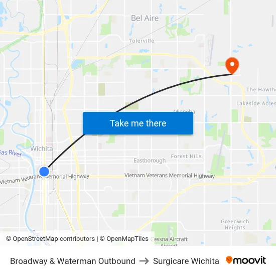 Broadway & Waterman Outbound to Surgicare Wichita map