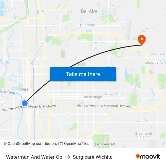 Waterman And Water Ob to Surgicare Wichita map