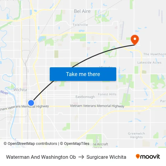 Waterman And Washington Ob to Surgicare Wichita map