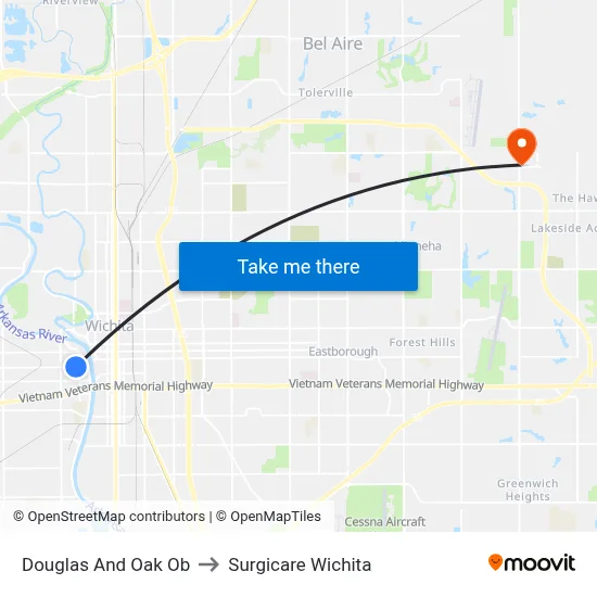Douglas And Oak Ob to Surgicare Wichita map