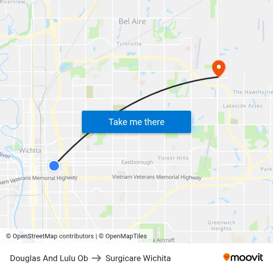 Douglas And Lulu Ob to Surgicare Wichita map