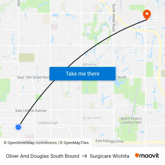 Oliver And Douglas South Bound to Surgicare Wichita map
