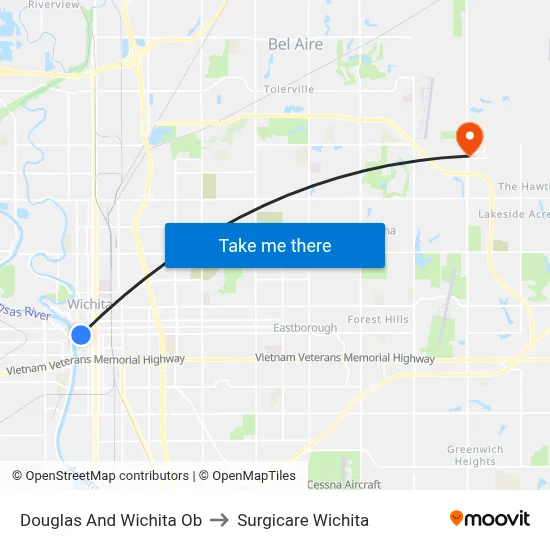 Douglas And Wichita Ob to Surgicare Wichita map