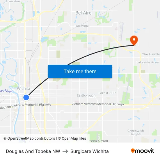 Douglas And Topeka NW to Surgicare Wichita map