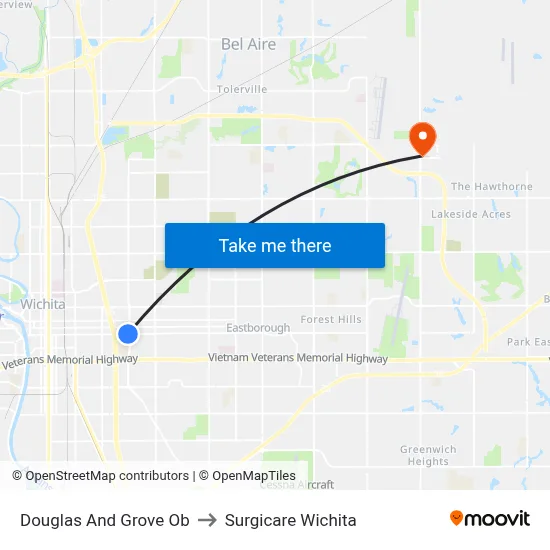 Douglas And Grove Ob to Surgicare Wichita map