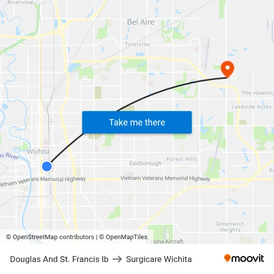 Douglas And St. Francis Ib to Surgicare Wichita map