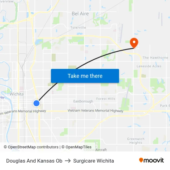 Douglas And Kansas Ob to Surgicare Wichita map