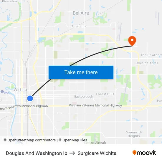 Douglas And Washington Ib to Surgicare Wichita map