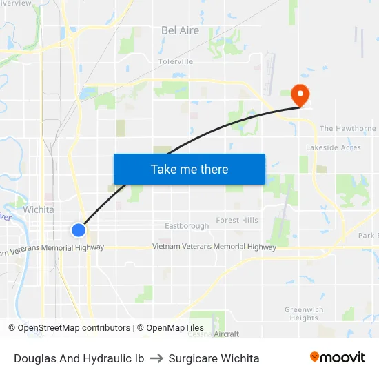 Douglas And Hydraulic Ib to Surgicare Wichita map
