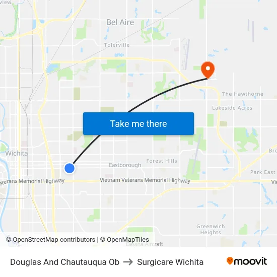 Douglas And Chautauqua Ob to Surgicare Wichita map