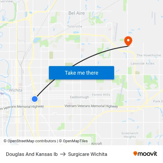 Douglas And Kansas Ib to Surgicare Wichita map