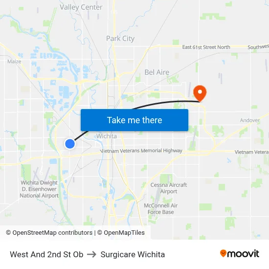 West And 2nd St Ob to Surgicare Wichita map