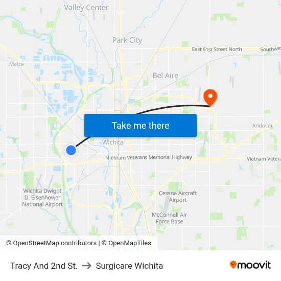 Tracy And 2nd St. to Surgicare Wichita map