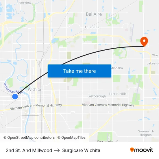 2nd St. And Millwood to Surgicare Wichita map