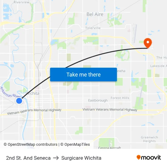 2nd St. And Seneca to Surgicare Wichita map