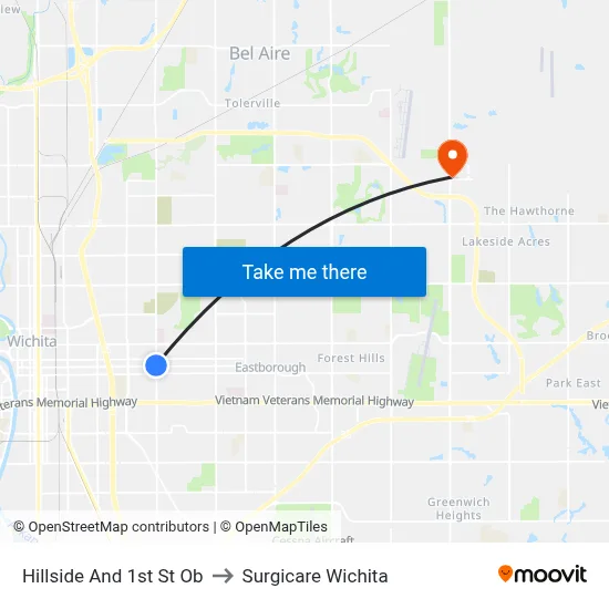 Hillside And 1st St Ob to Surgicare Wichita map