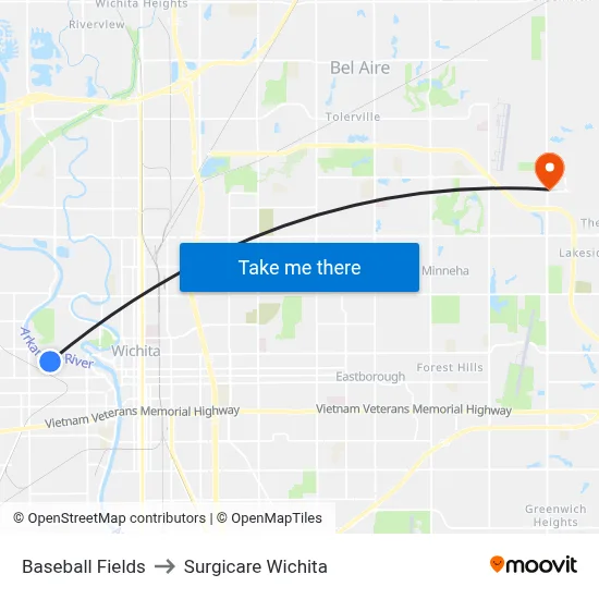 Baseball Fields to Surgicare Wichita map