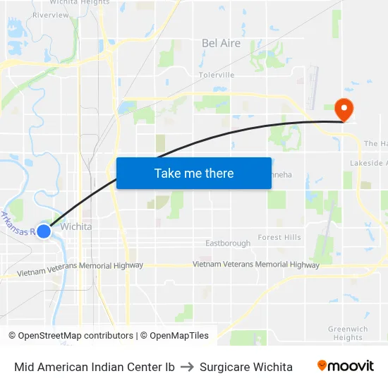 Mid American Indian Center Ib to Surgicare Wichita map
