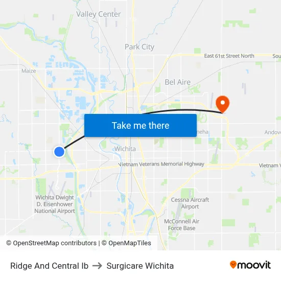 Ridge And Central Ib to Surgicare Wichita map