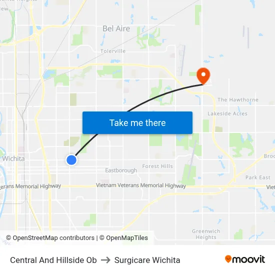 Central And Hillside Ob to Surgicare Wichita map