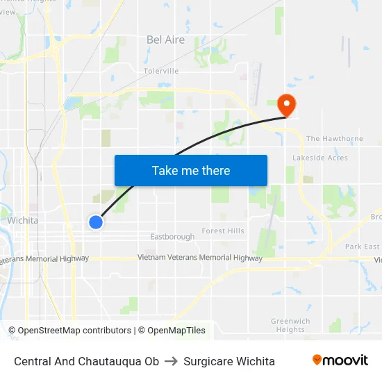 Central And Chautauqua Ob to Surgicare Wichita map
