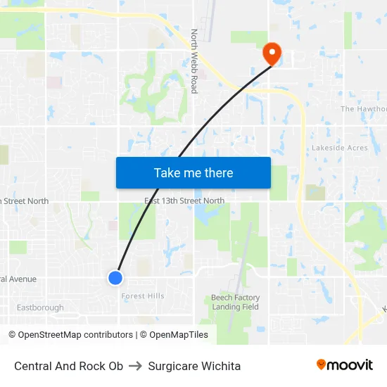 Central And Rock Ob to Surgicare Wichita map