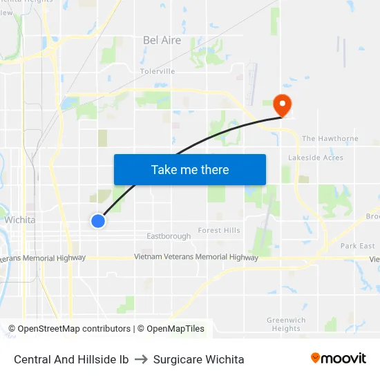 Central And Hillside Ib to Surgicare Wichita map