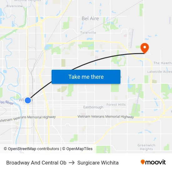 Broadway And Central Ob to Surgicare Wichita map