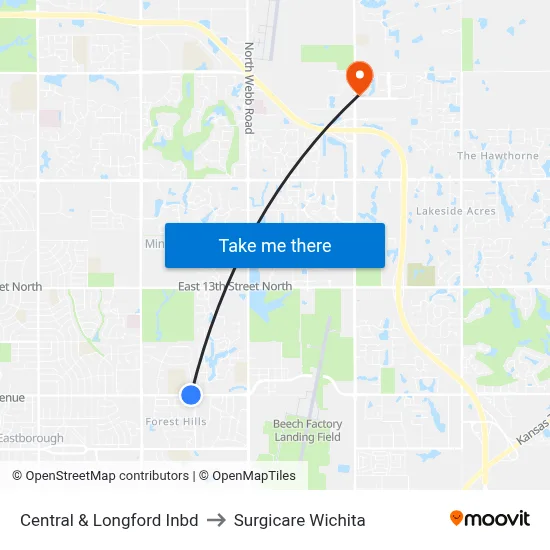 Central & Longford Inbd to Surgicare Wichita map