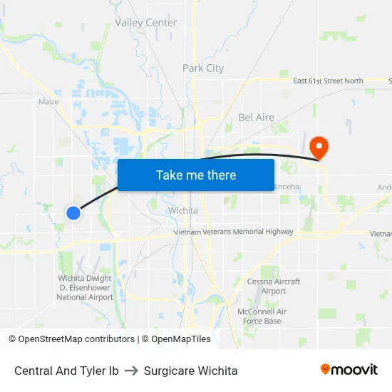 Central And Tyler Ib to Surgicare Wichita map