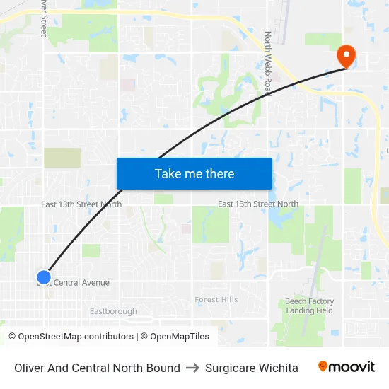 Oliver And Central North Bound to Surgicare Wichita map