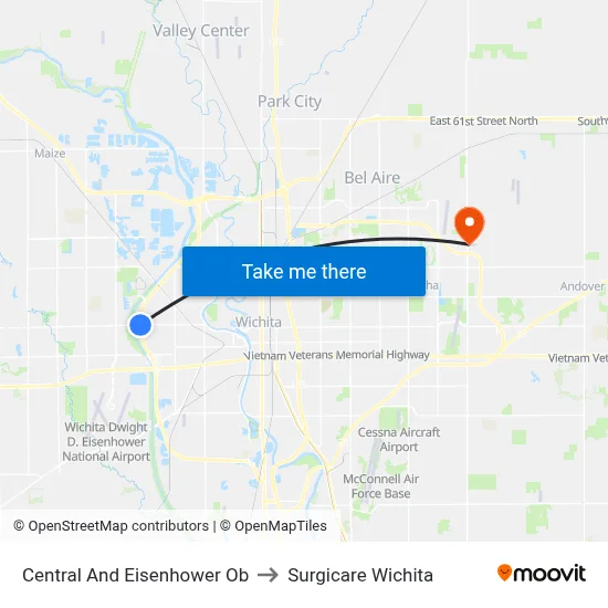 Central And Eisenhower Ob to Surgicare Wichita map