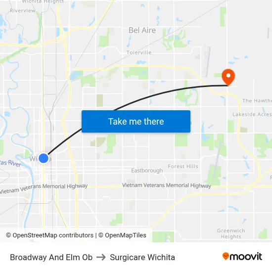 Broadway And Elm Ob to Surgicare Wichita map