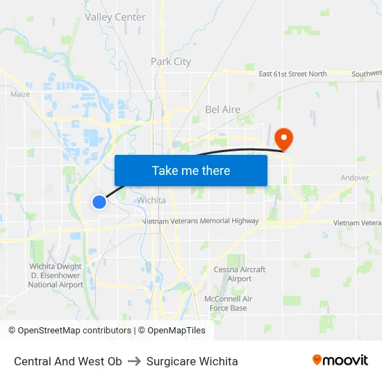 Central And West Ob to Surgicare Wichita map