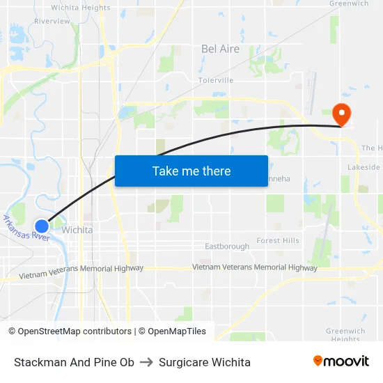 Stackman And Pine Ob to Surgicare Wichita map