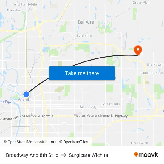 Broadway And 8th St Ib to Surgicare Wichita map