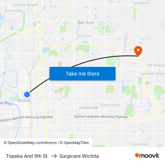 Topeka And 9th St. to Surgicare Wichita map