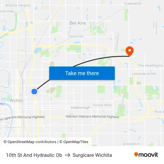 10th St And Hydraulic Ob to Surgicare Wichita map