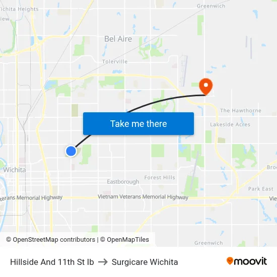 Hillside And 11th St Ib to Surgicare Wichita map