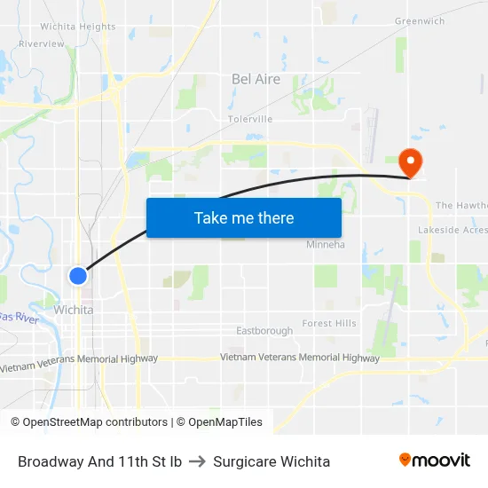 Broadway And 11th  St Ib to Surgicare Wichita map