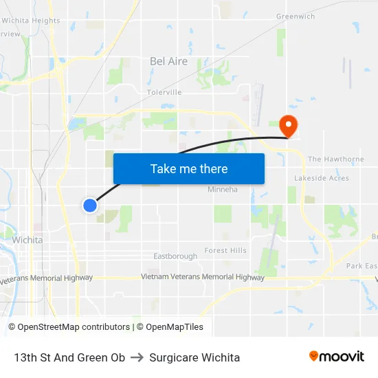 13th St And Green Ob to Surgicare Wichita map