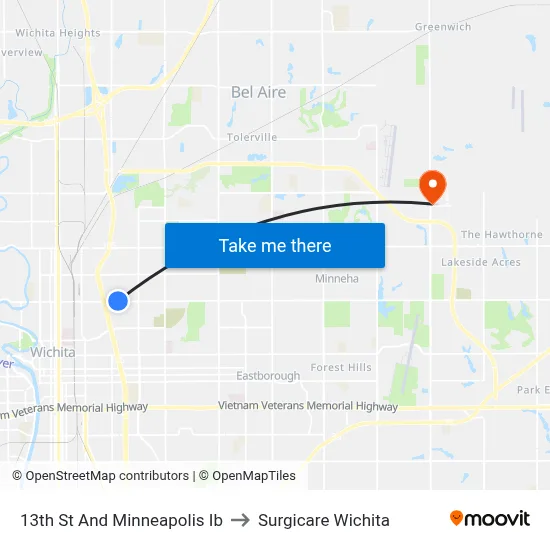 13th St And Minneapolis Ib to Surgicare Wichita map