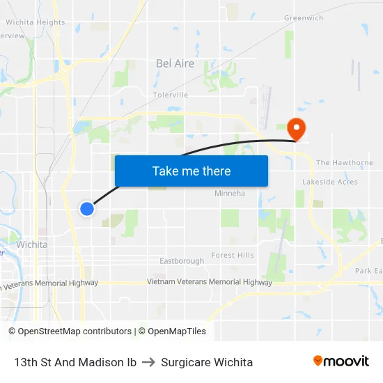 13th St And Madison Ib to Surgicare Wichita map
