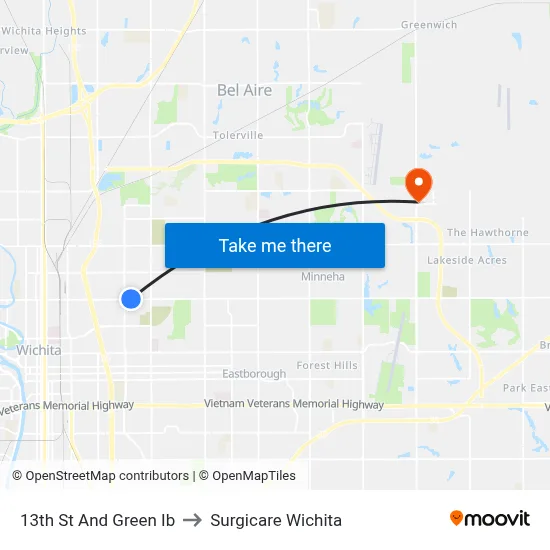 13th St And Green Ib to Surgicare Wichita map